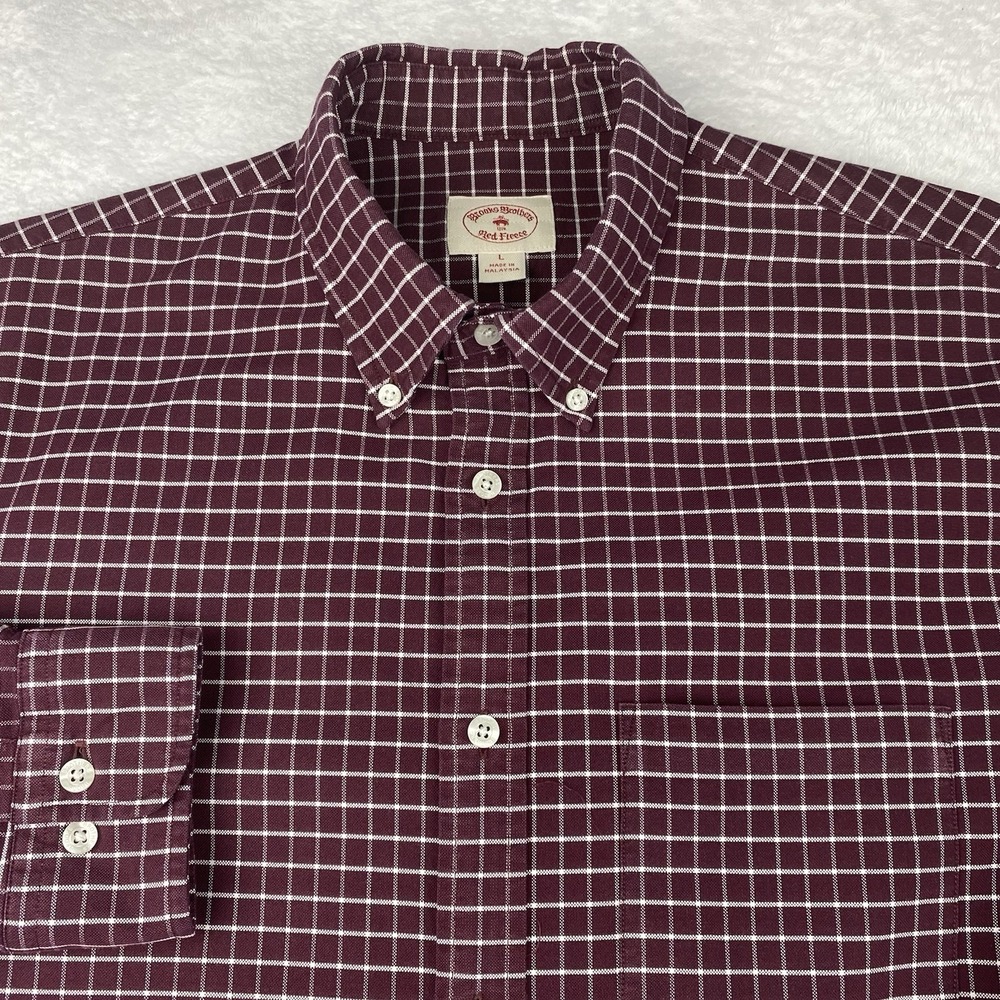 Brooks‎ Brothers Red Fleece Shirt Men's Large Maroon/White Checks Heavier Weight